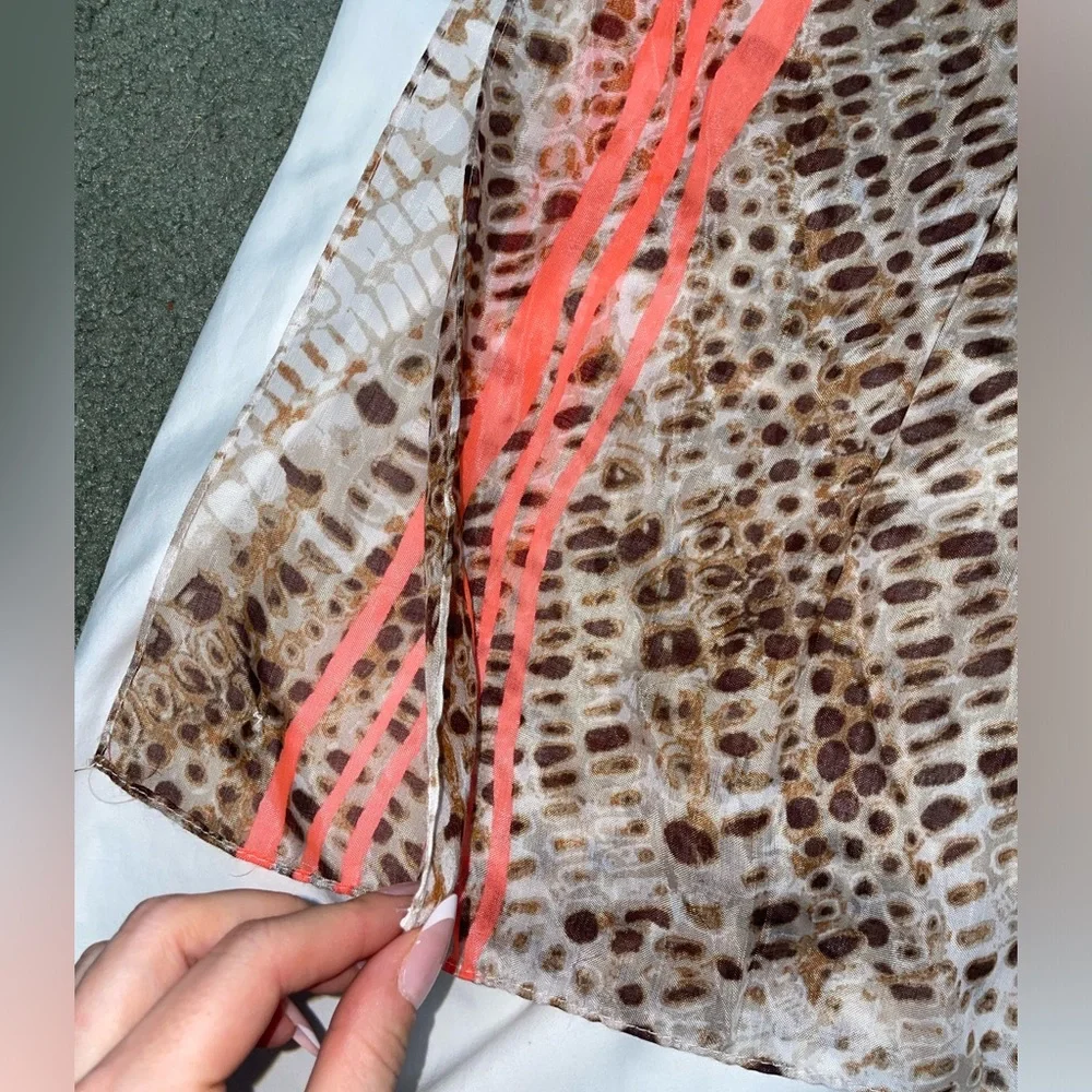 Calvin‎ Klein Leopard Brown Scarf with Neon Coral Stripes